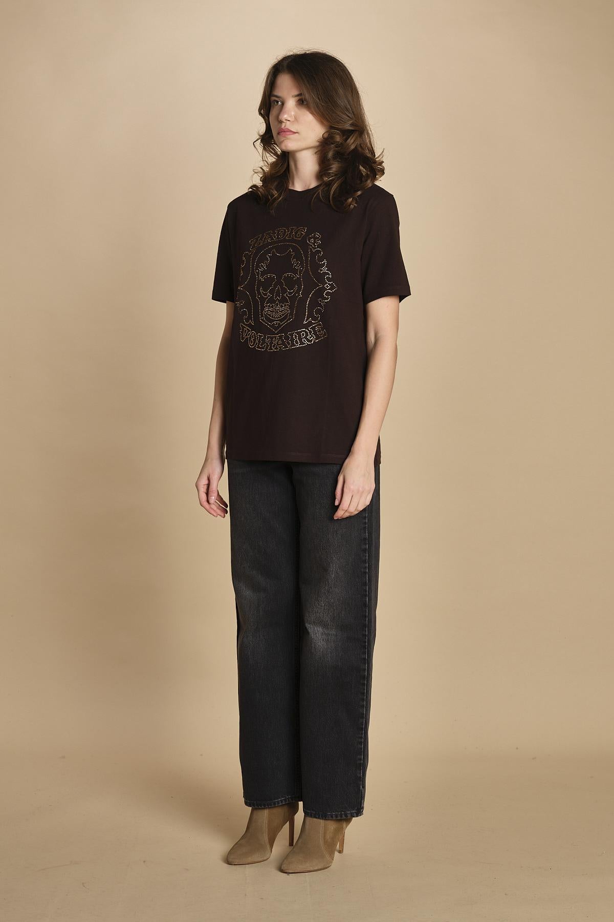 t-shirt con scritta e strass. JWTS02845 DARK CHOCOLATE 213 zadig & voltaire