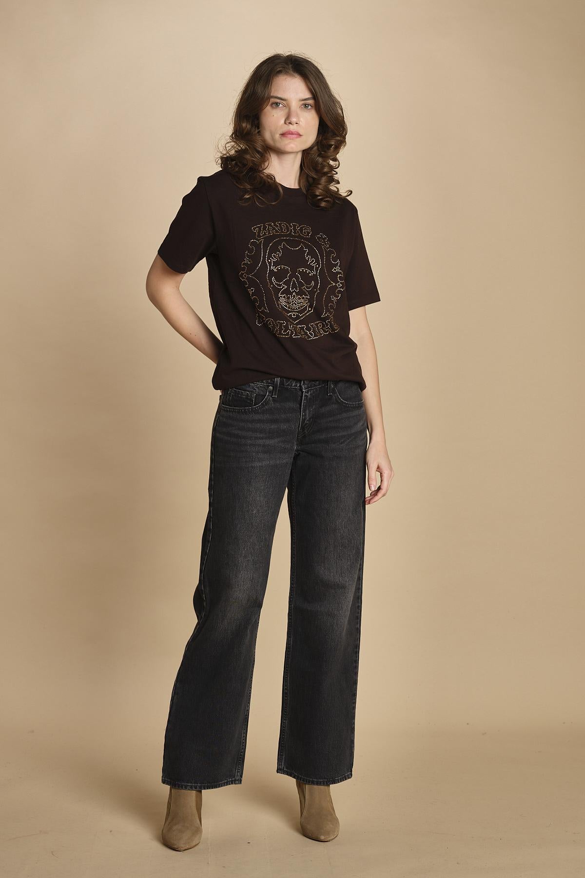 t-shirt con scritta e strass. JWTS02845 DARK CHOCOLATE 213 zadig & voltaire