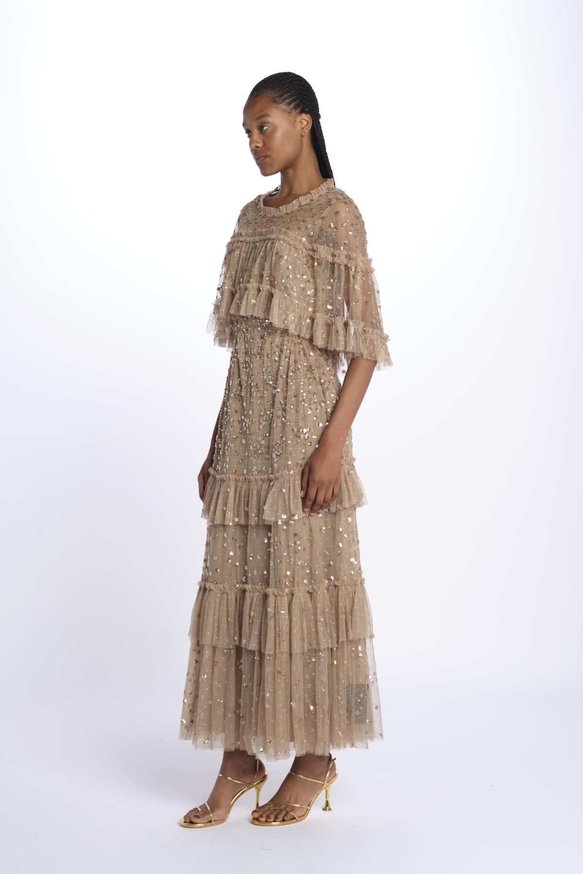 LEILA DOT TIERED LEILA DOT TIERED CAPE ANKLE GOWN FAWN needle & tread