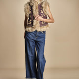 gilet  ricamato con montone SANDORA GILET CAMEL antik batik