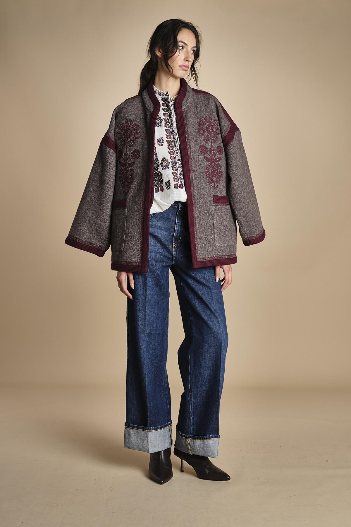 WILL KIMONO giacca in tessuto diagonale ricamato WILL KIMONO GREY antik batik