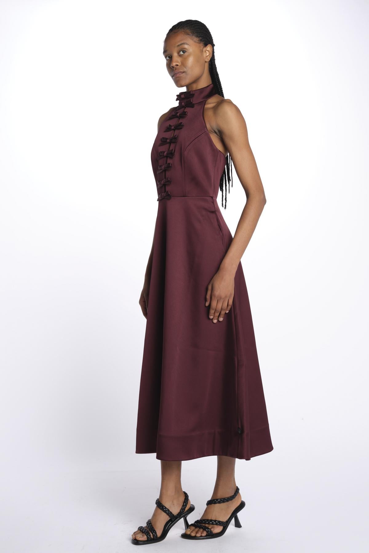 Abito MERLOT MIDI scollato + fiocchi 1970 BURGUNDY rebecca vallance
