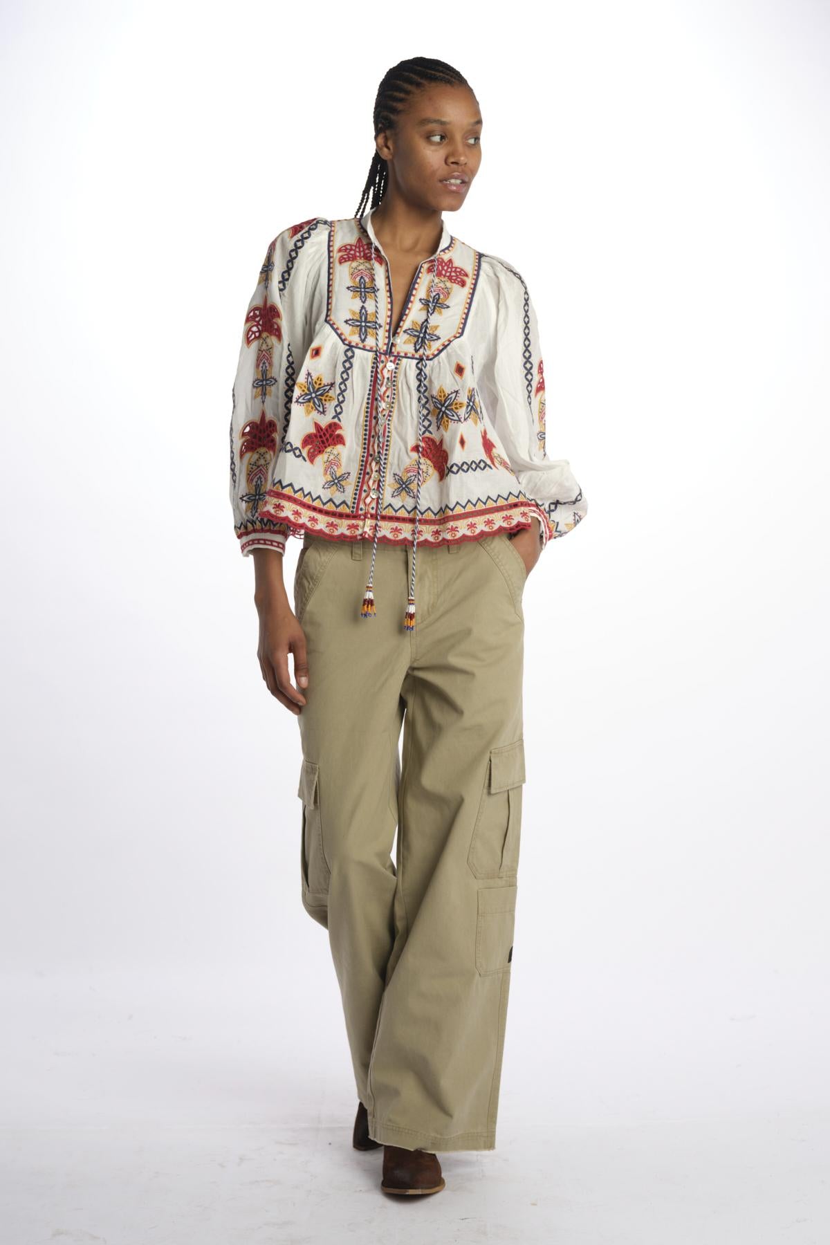 Camicia MARYS TILES m/l ricamo fiori 332385 OFFWHITE farm rio