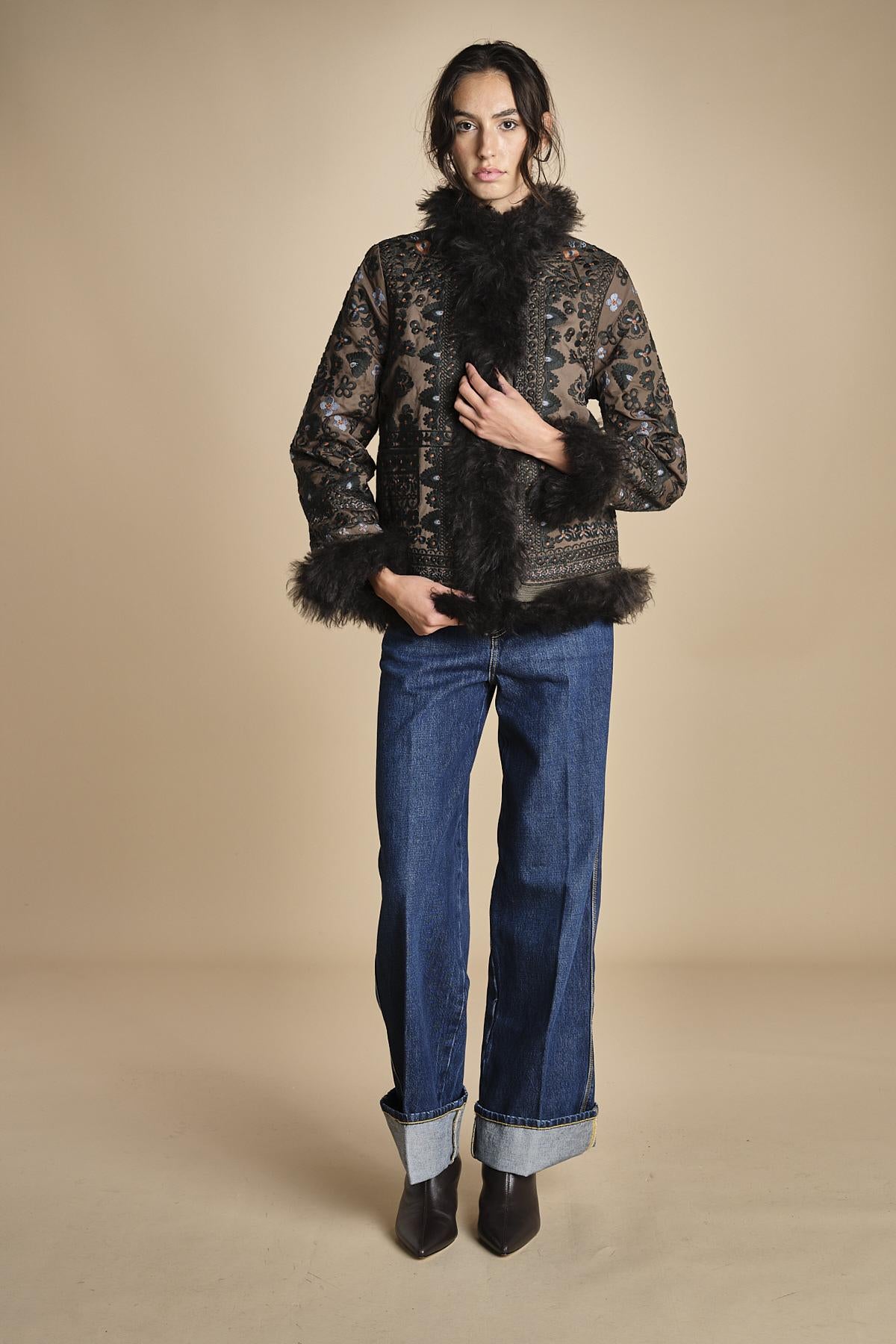 giacca ricamata con montone SANDORA JACKET KAKI antik batik