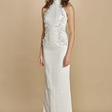 abito lungo collo alto con ricamo fiori. RVBR-1198 IVORY rebecca vallance