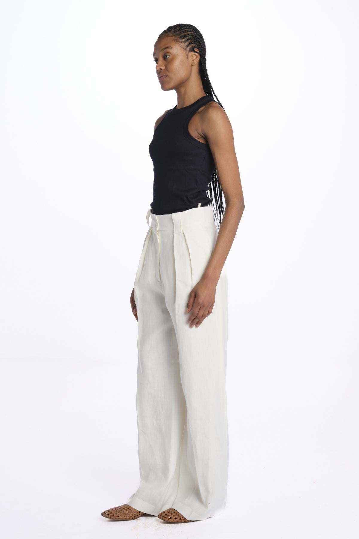 Pantalone MARLENE lino con pences 14P008LI026 WHITE ines de la fressange