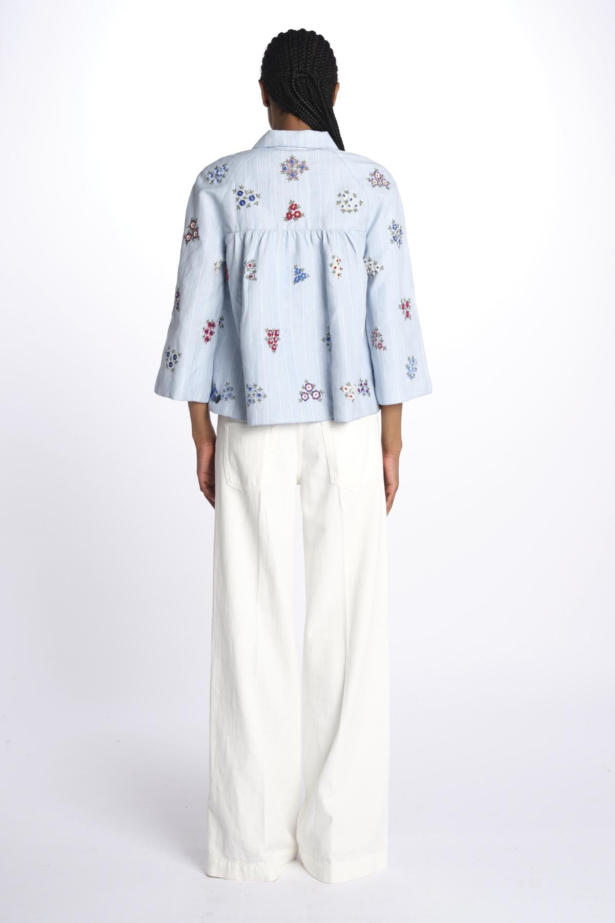 Giacca doppio petto fiori ricamati a mano 7FW 43 BY HAND LIGHT BLUE STRIPE payal pratap