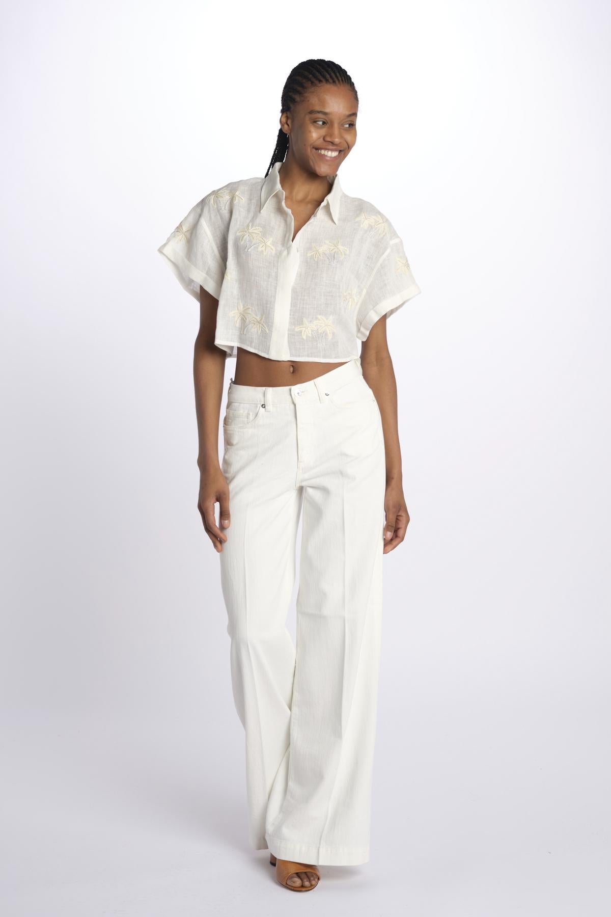 BONDI PALM camicia crop cpn palme in paillettes by milaura. BE24673 NATURAL benaras soleil