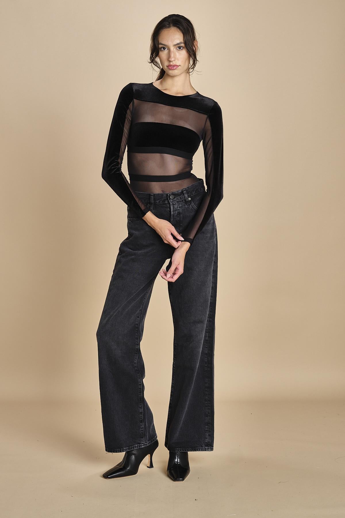 body  in velluto e tulle a righe GO FOR IT BLACK undress code