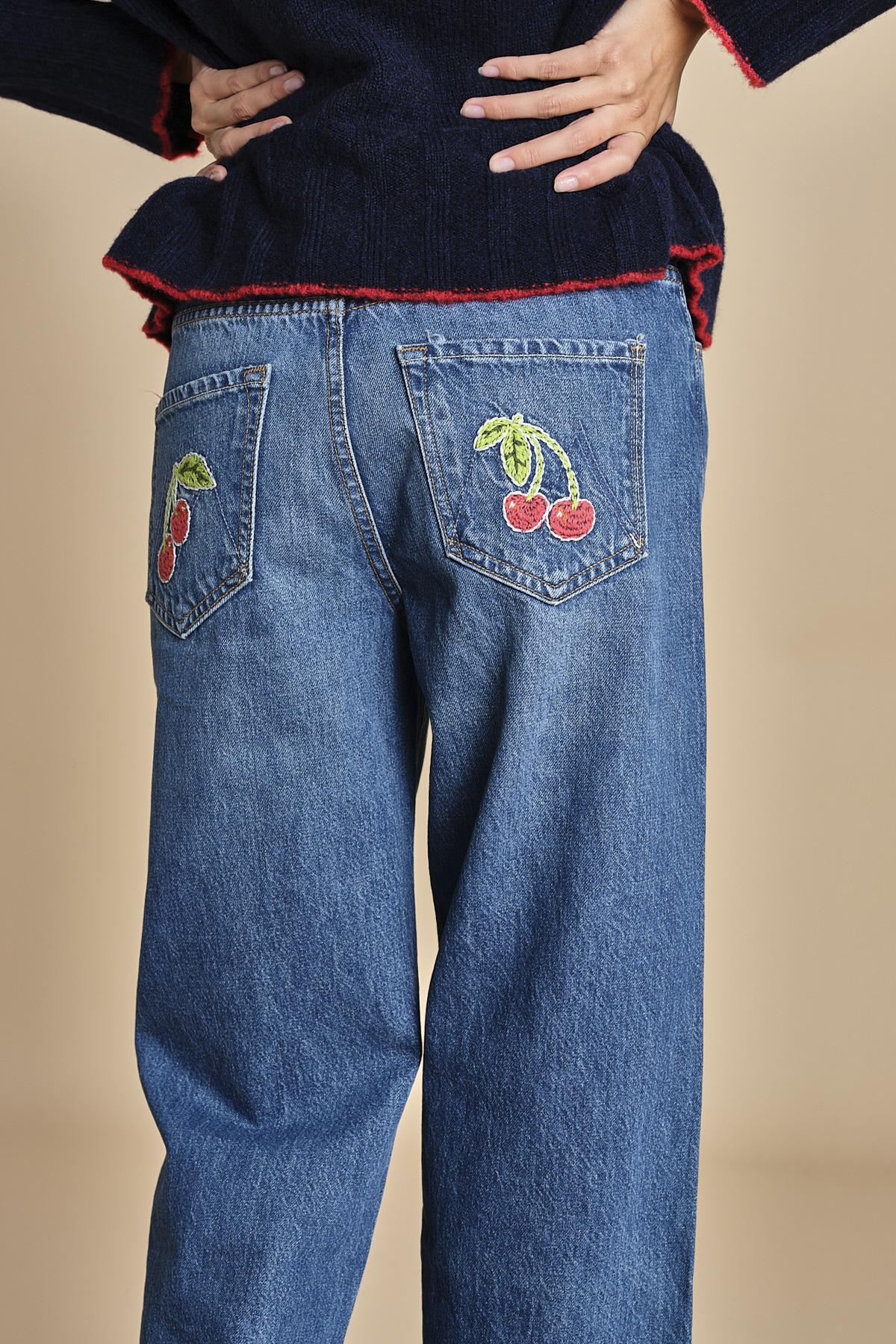 denim chiaro con ciliegie sul retro THE PIPE DREAM BUTTON SNEAK FRAY 11316 1085 mother