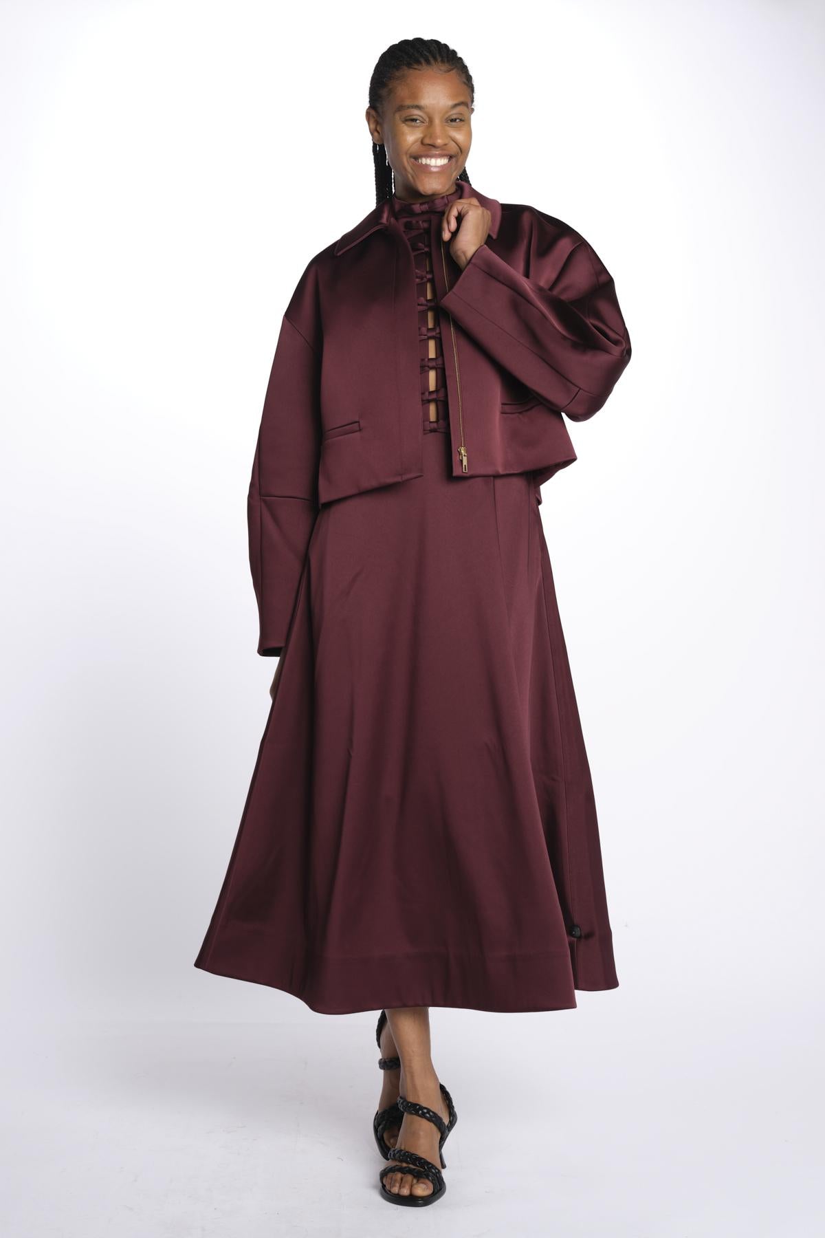 Abito MERLOT MIDI scollato + fiocchi 1970 BURGUNDY rebecca vallance