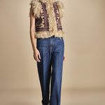 gilet  ricamato con montone SANDORA GILET CAMEL antik batik