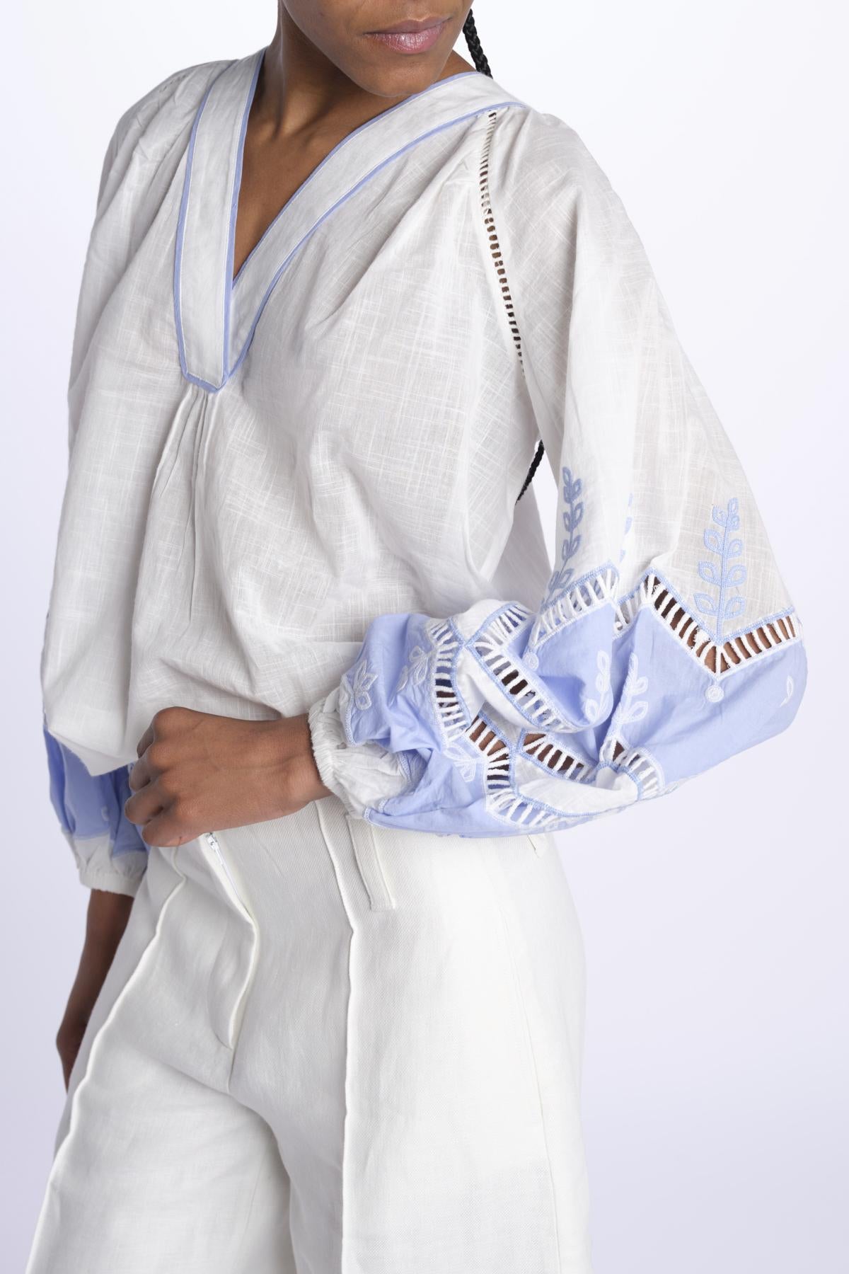 Camicia RENOVO ricamo intarso bicolore RENOVO 1723 WHITE scarlett poppies