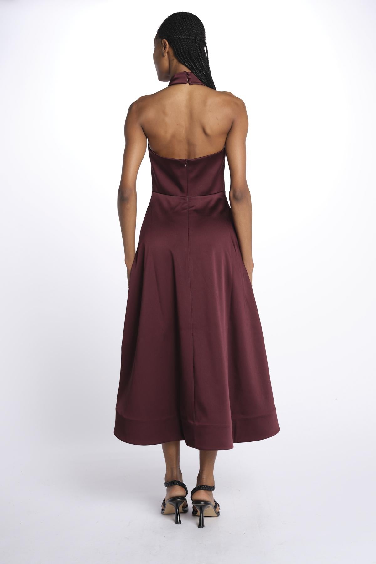Abito MERLOT MIDI scollato + fiocchi 1970 BURGUNDY rebecca vallance