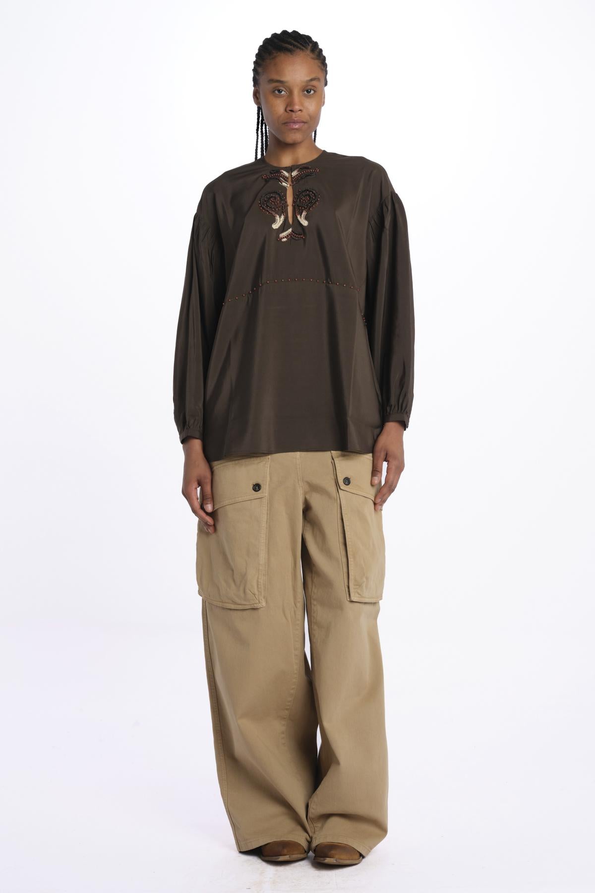 Camicia ALLEGRA seta con ricami ALLEGRA BROWN fortela