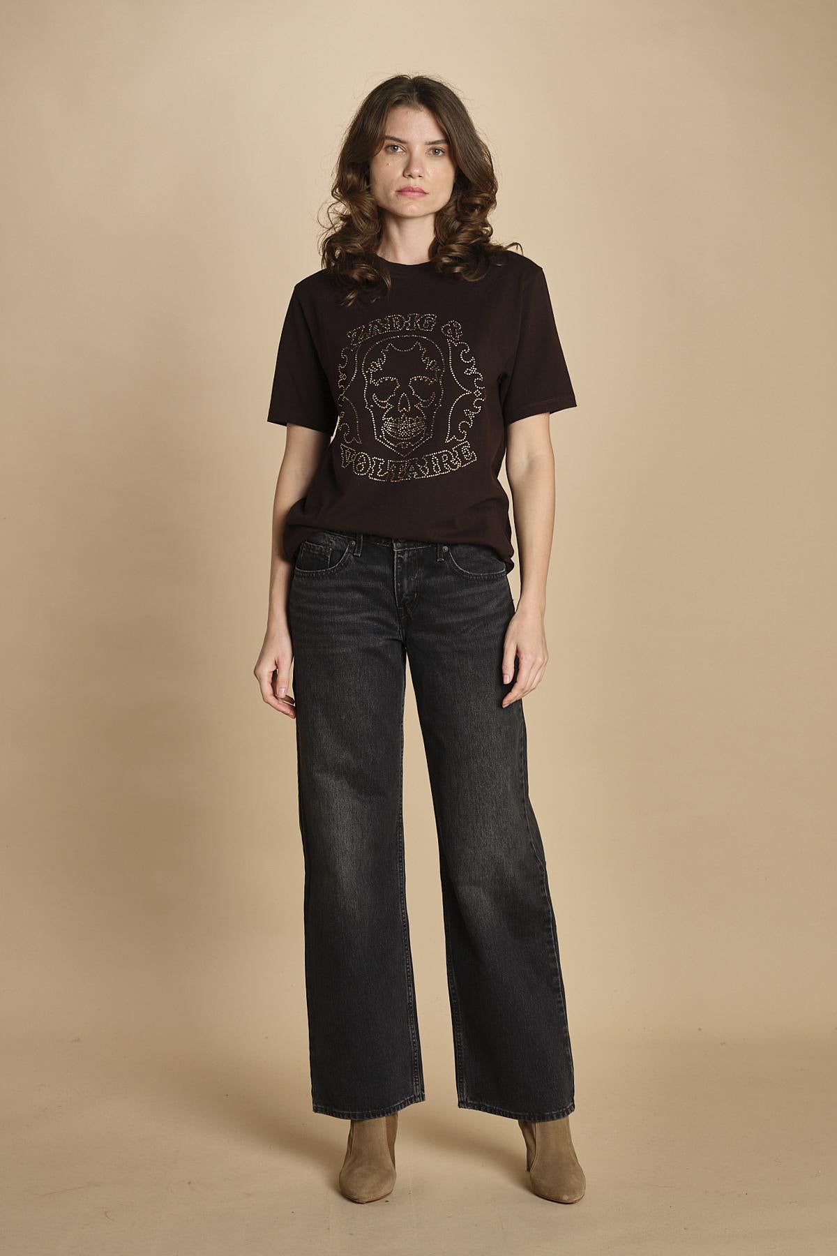 t-shirt con scritta e strass. JWTS02845 DARK CHOCOLATE 213 zadig & voltaire