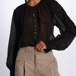 Camicia manica sbuffo ricamo cetrale BE24544 BLACK milaura 