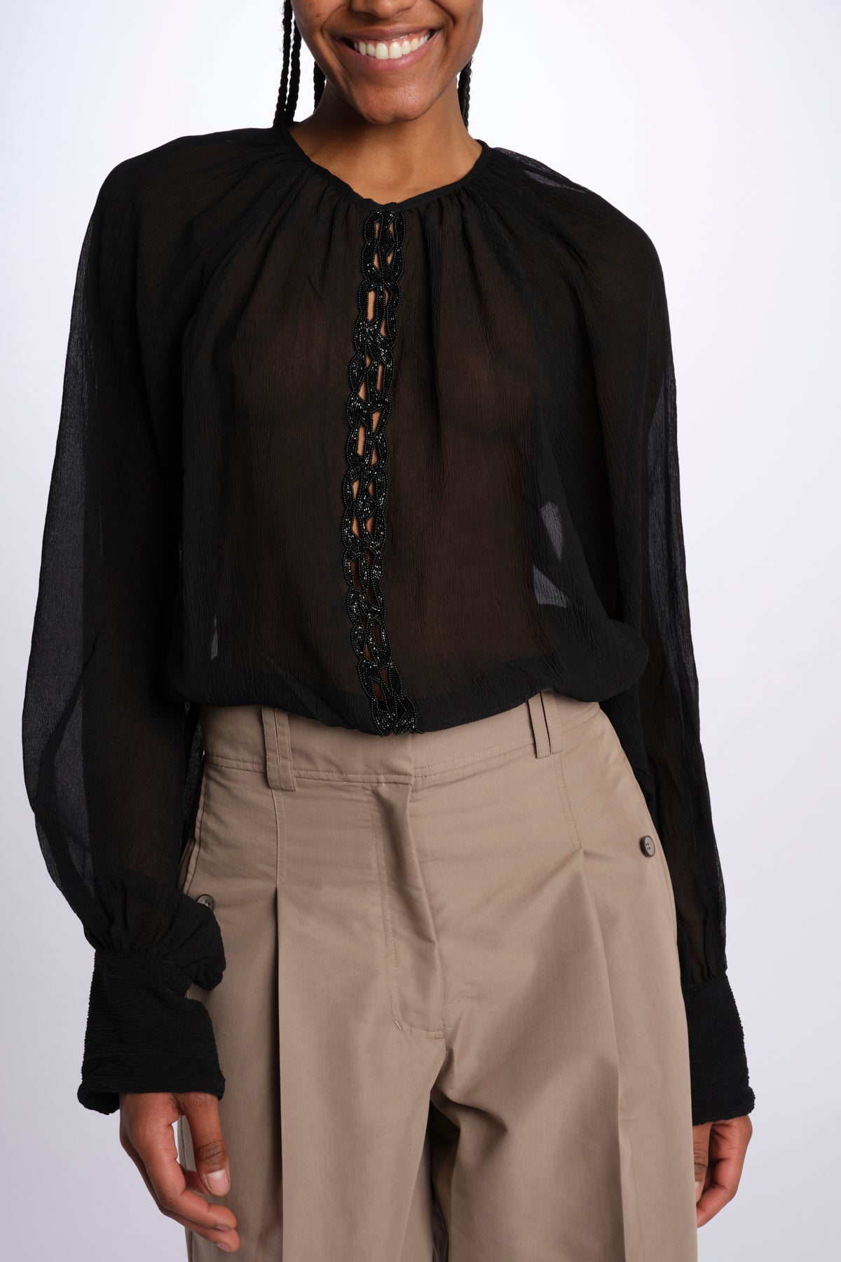 Camicia manica sbuffo ricamo cetrale BE24544 BLACK milaura 