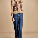 gilet  ricamato con montone SANDORA GILET CAMEL antik batik 