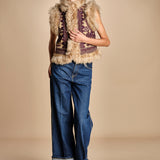 gilet  ricamato con montone SANDORA GILET CAMEL antik batik 