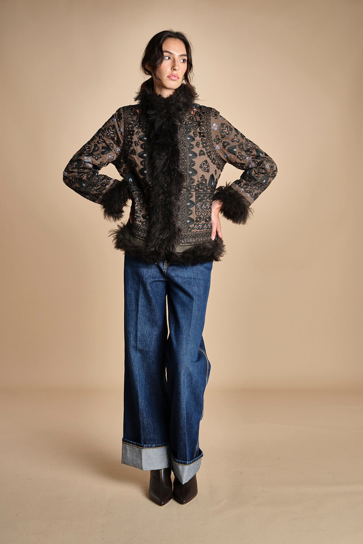 giacca ricamata con montone SANDORA JACKET KAKI antik batik 