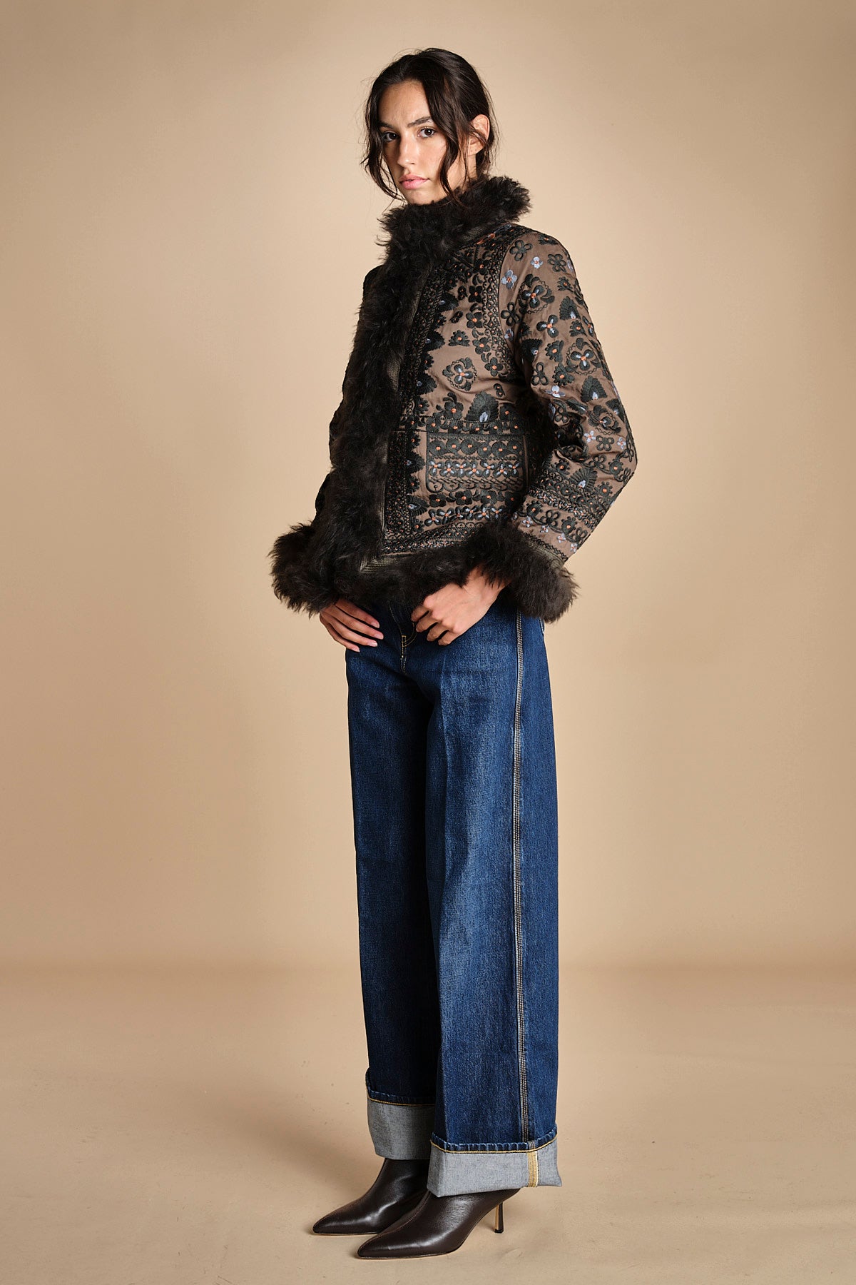giacca ricamata con montone SANDORA JACKET KAKI antik batik 