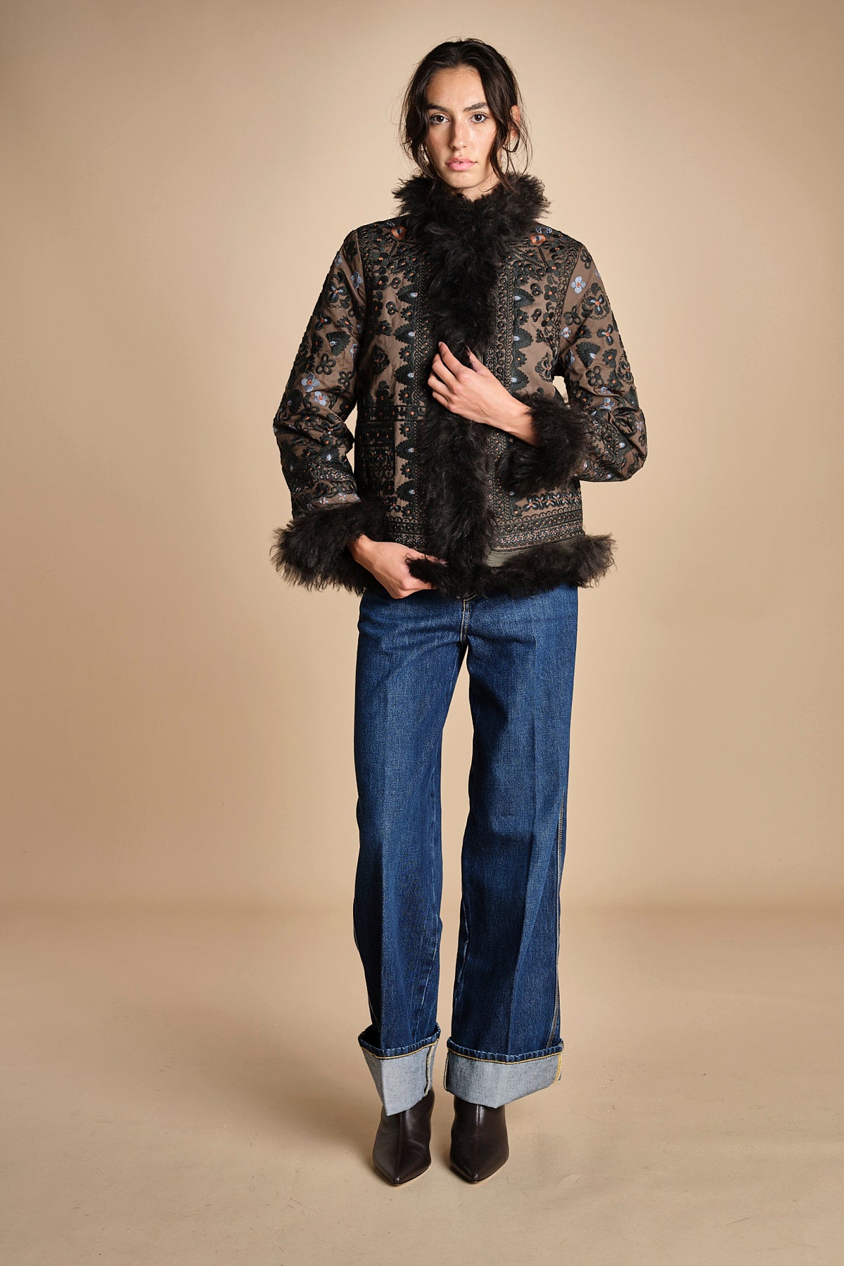 giacca ricamata con montone SANDORA JACKET KAKI antik batik 