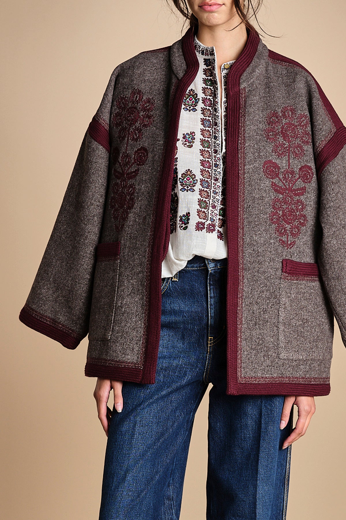 giacca in tessuto diagonale ricamato WILL KIMONO GREY antik batik 