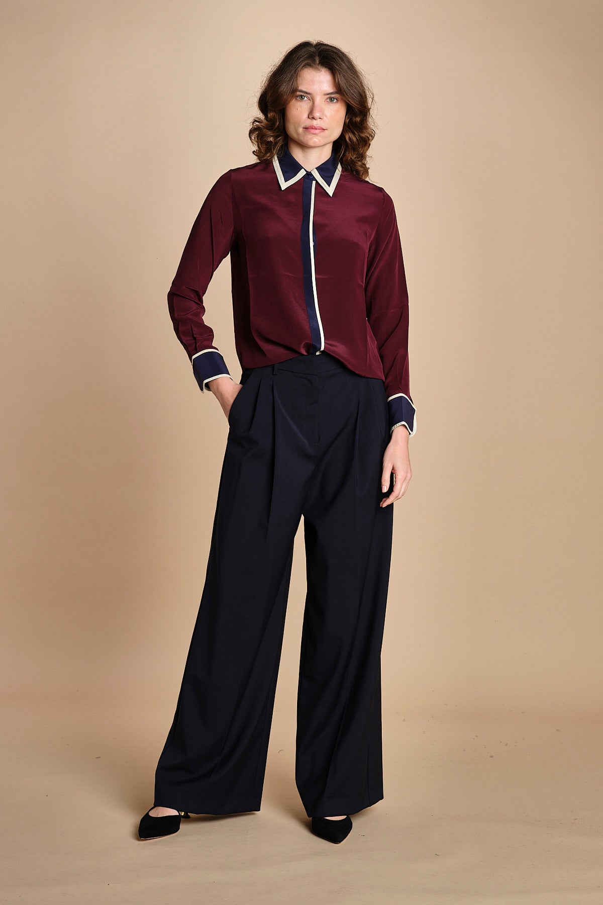 camicia con collo e polsi a contrasto CR_3069T BURGUNDY bodice 