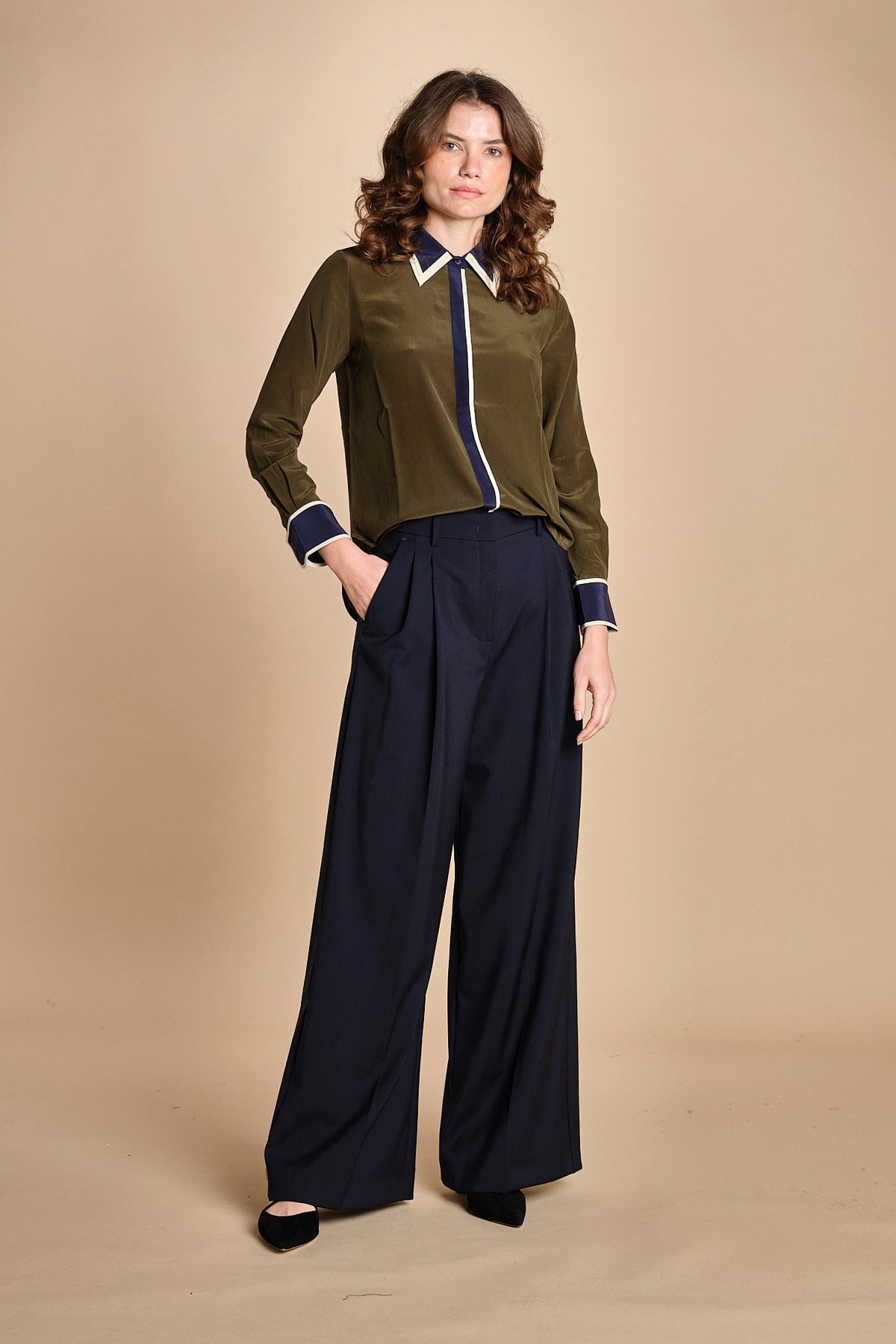 camicia con collo e polsi a contrasto CR_3069T OLIVE bodice 