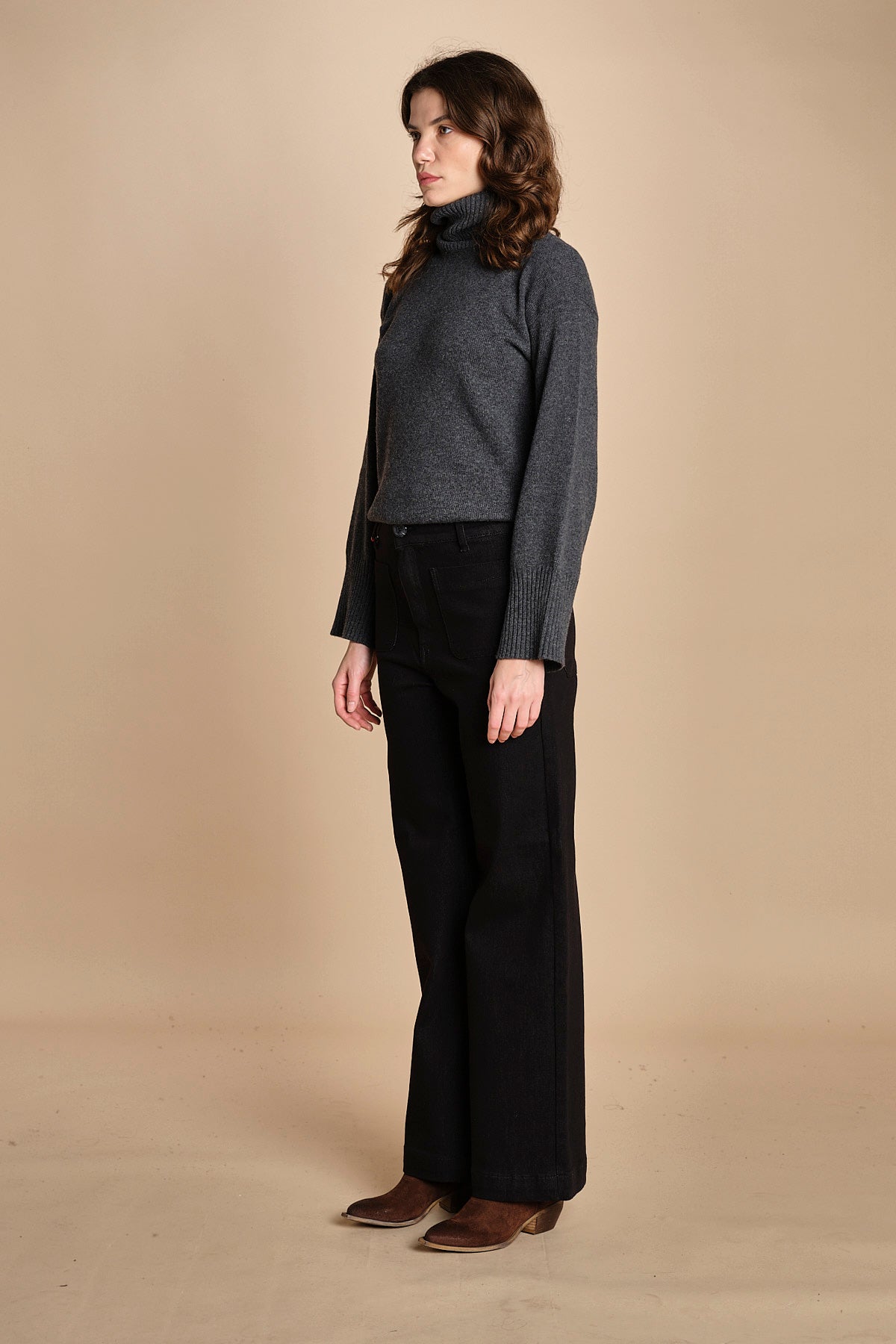 denim a zampa con taschine FAUVE BLACK fam 