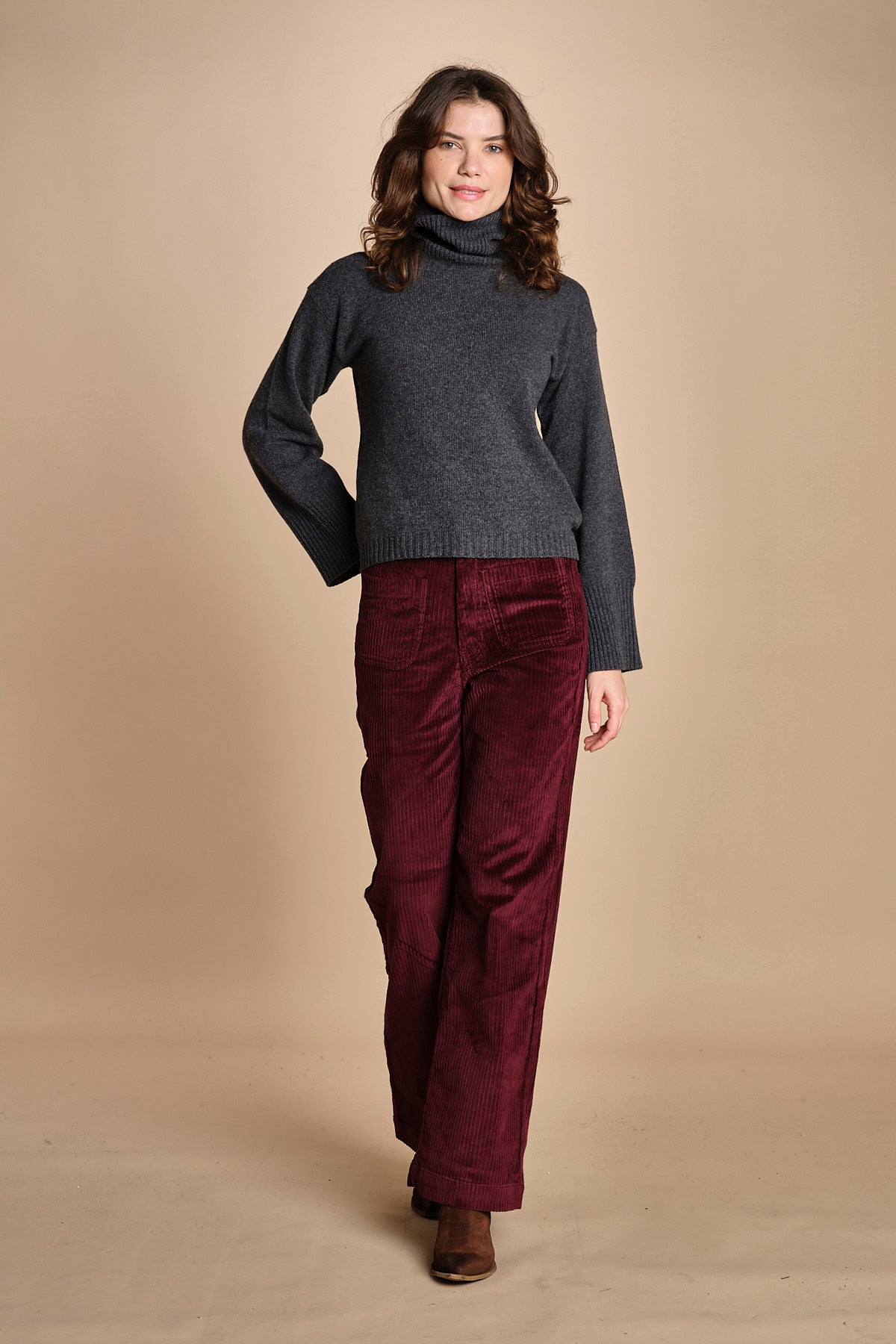 pantalone a zampa con taschine FAUVE WX BORDEAUX fam 