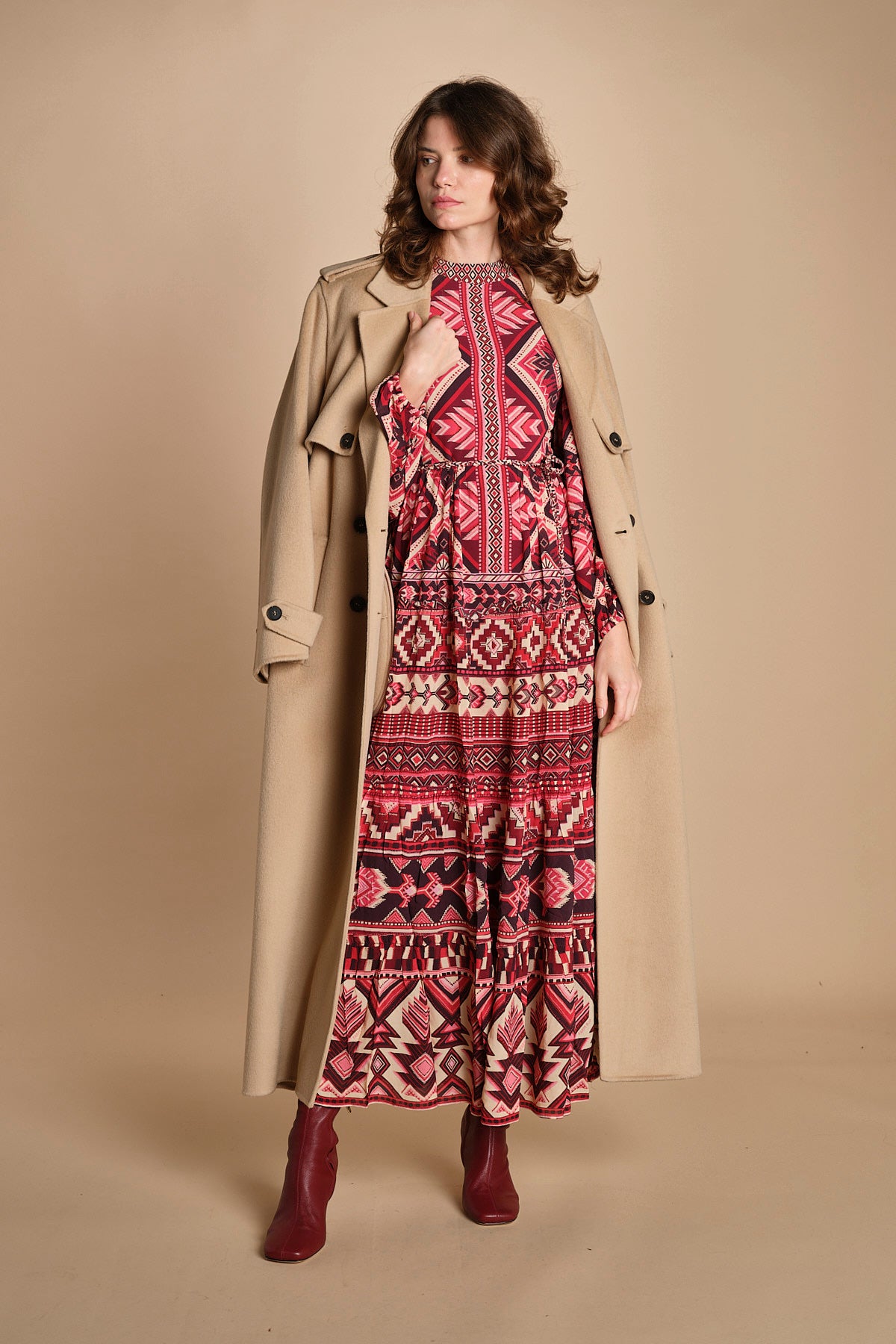 abito lungo con stampa geometrica GRAPHIC AINIKA 339938 RED farm rio 