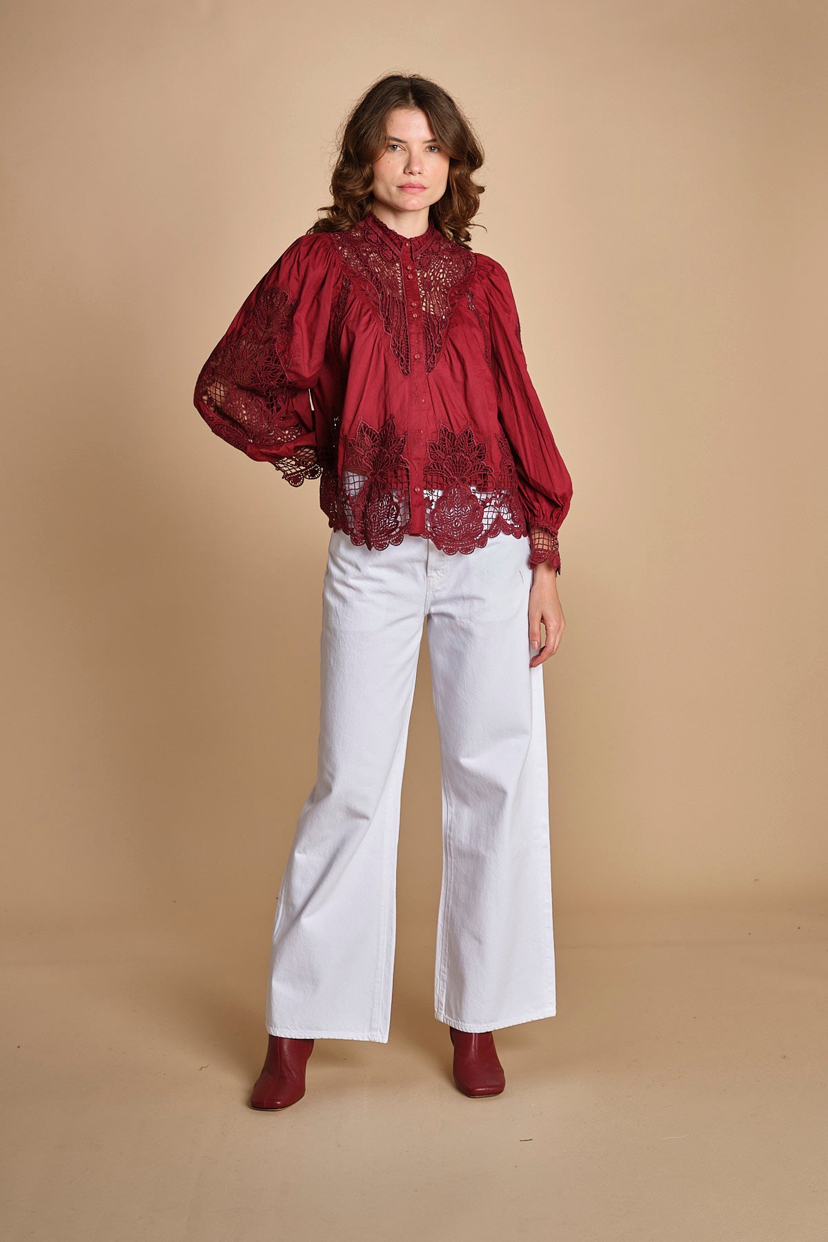 camicia con inserti in pizzo BERRY GARDEN 340369 BURGUNDY farm rio 