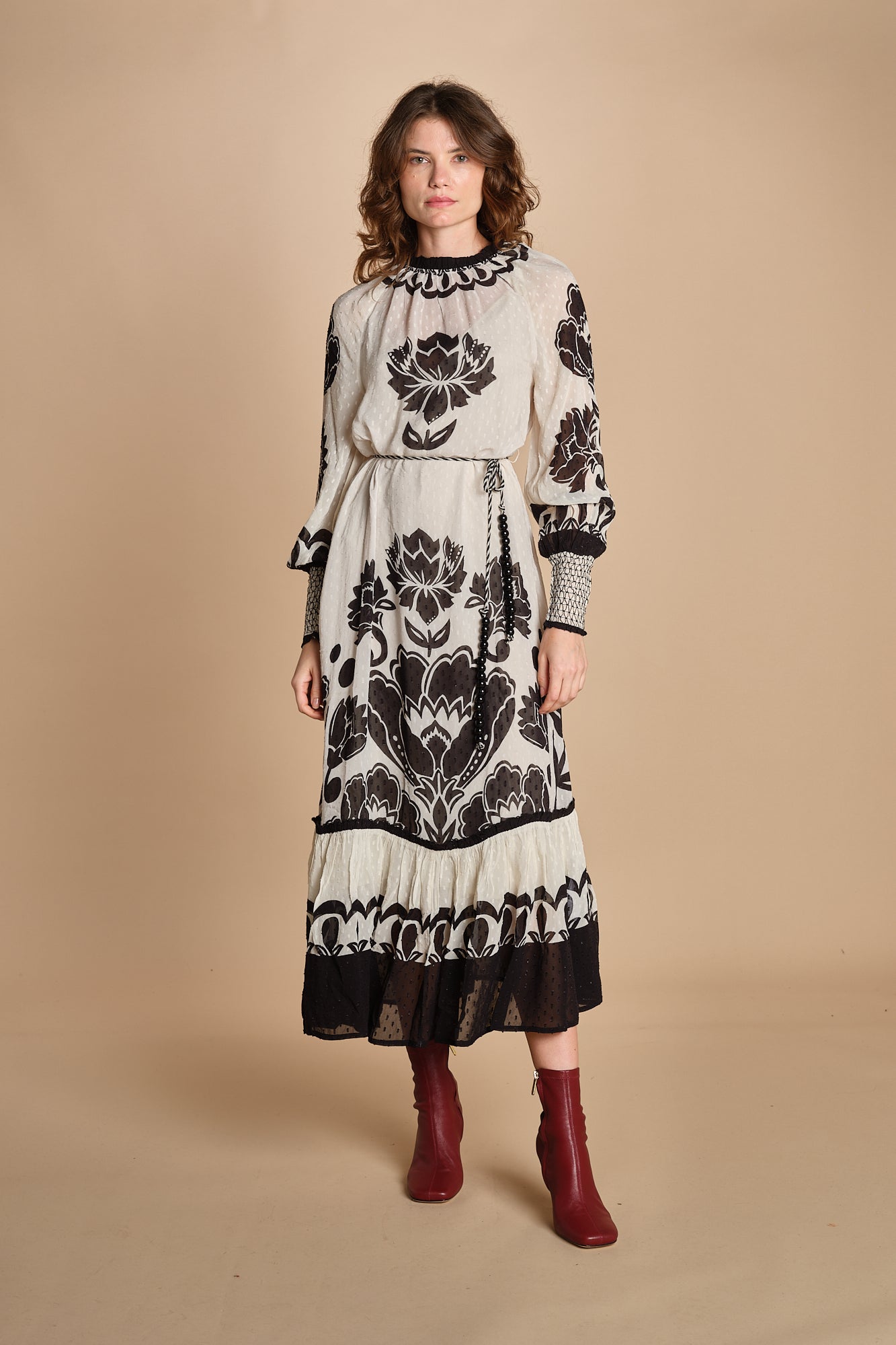 abito lungo con stampa a fiori FLORA ARABESQUE 339998 CREAM farm rio 