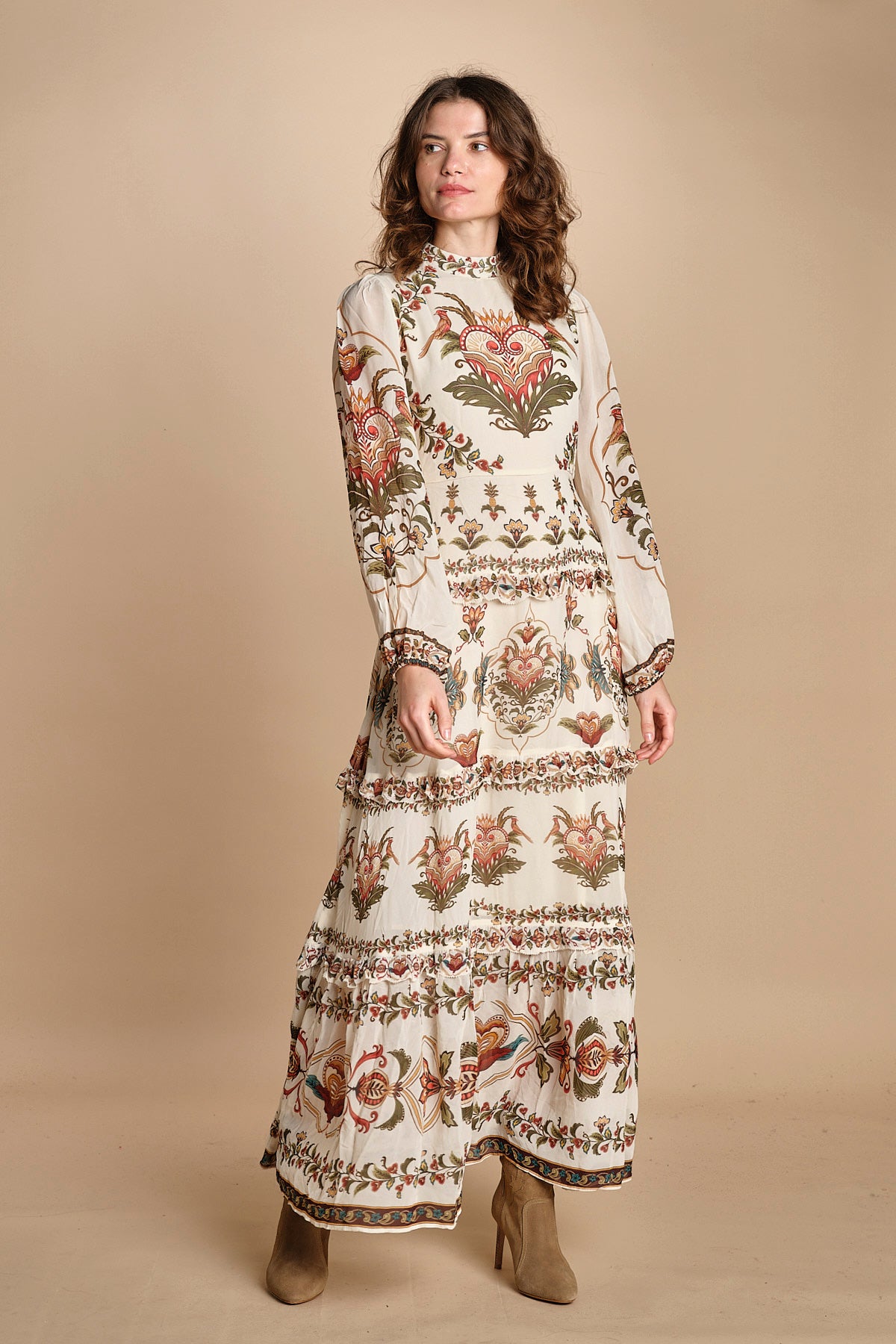 avito lungo con stampa cuori e rouches MAJESTIC HEARTS 346167 CREAM farm rio 