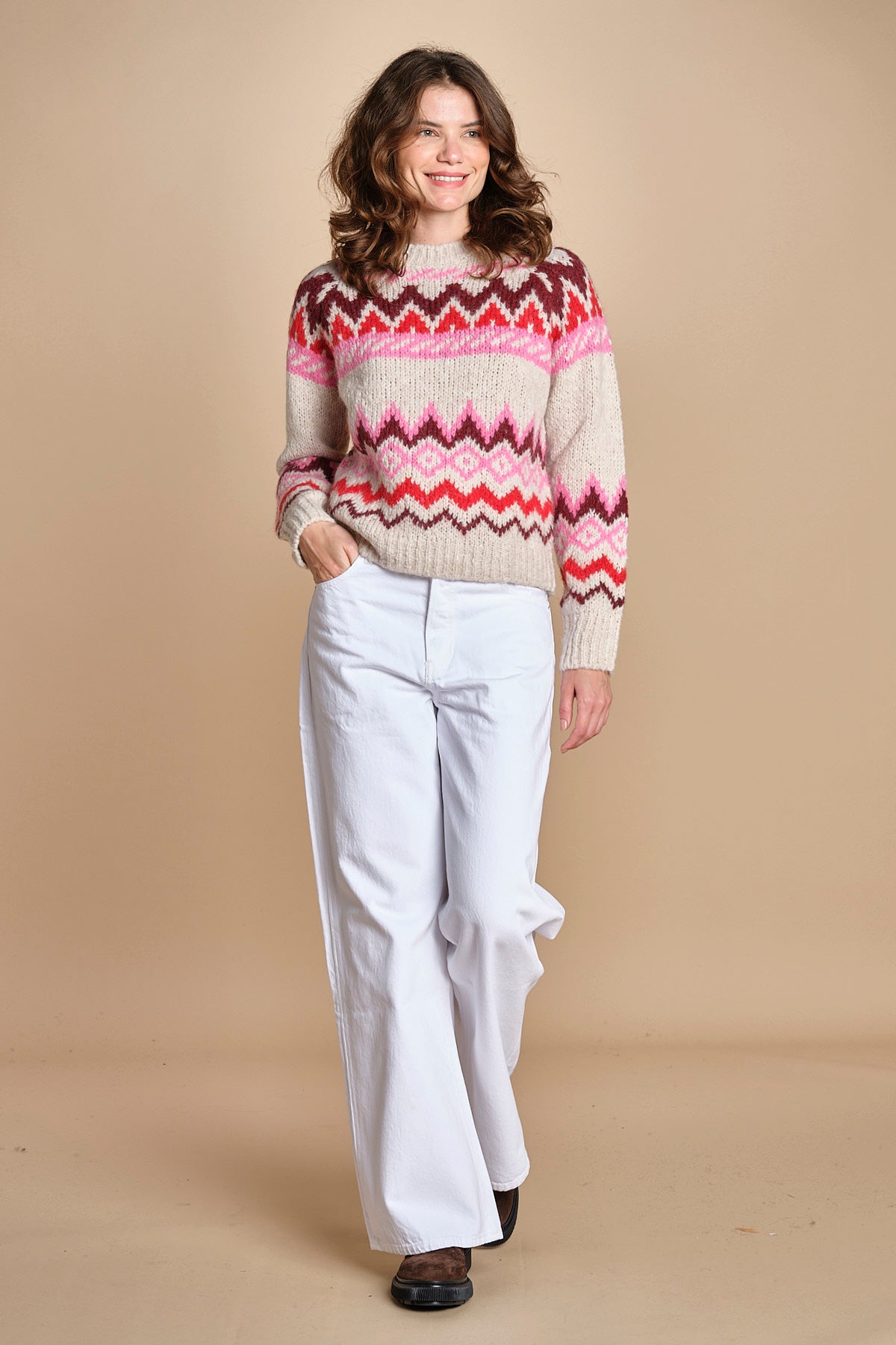 MAGIE maglia con greche BEND516 ECRU PINK hartford 