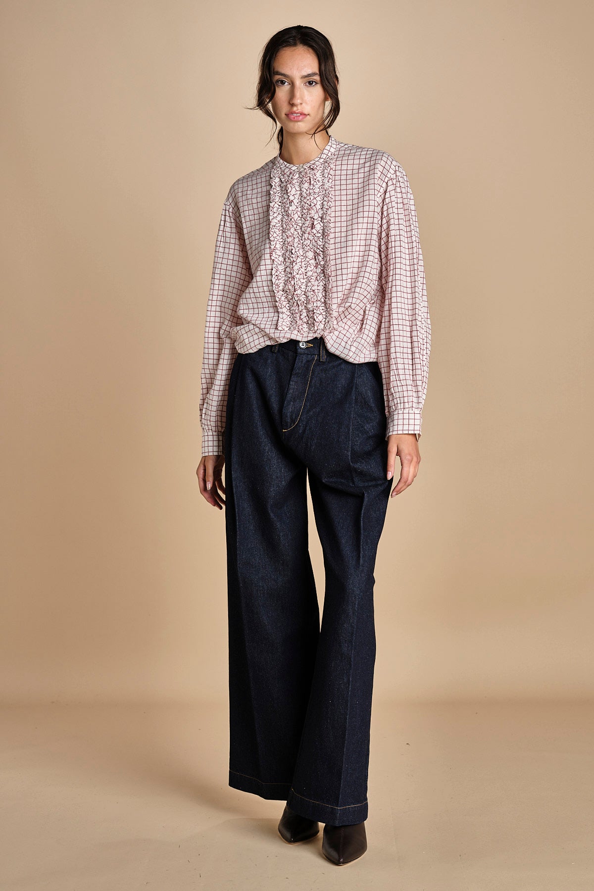 camicia voille lana con rouches MAGRITTE RED_WHITE CHECKS laurence bras 