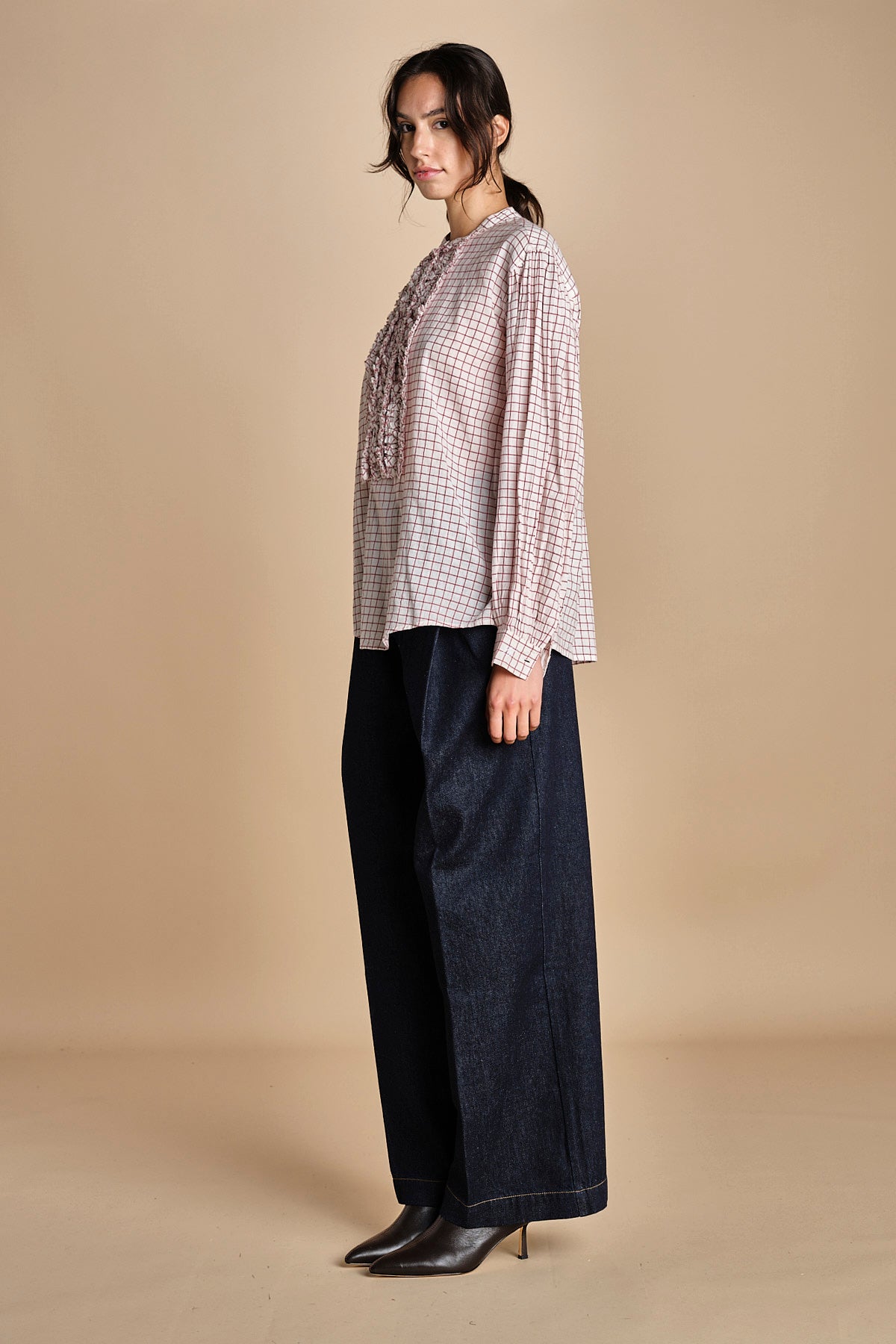 camicia voille lana con rouches MAGRITTE RED_WHITE CHECKS laurence bras 