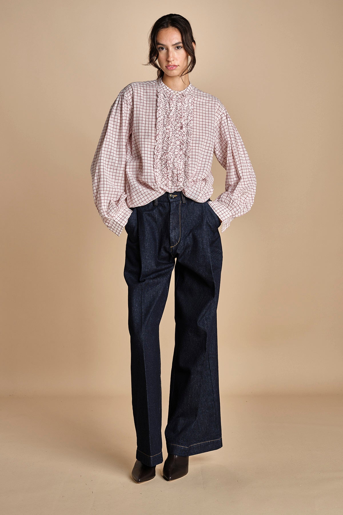 camicia voille lana con rouches MAGRITTE RED_WHITE CHECKS laurence bras 