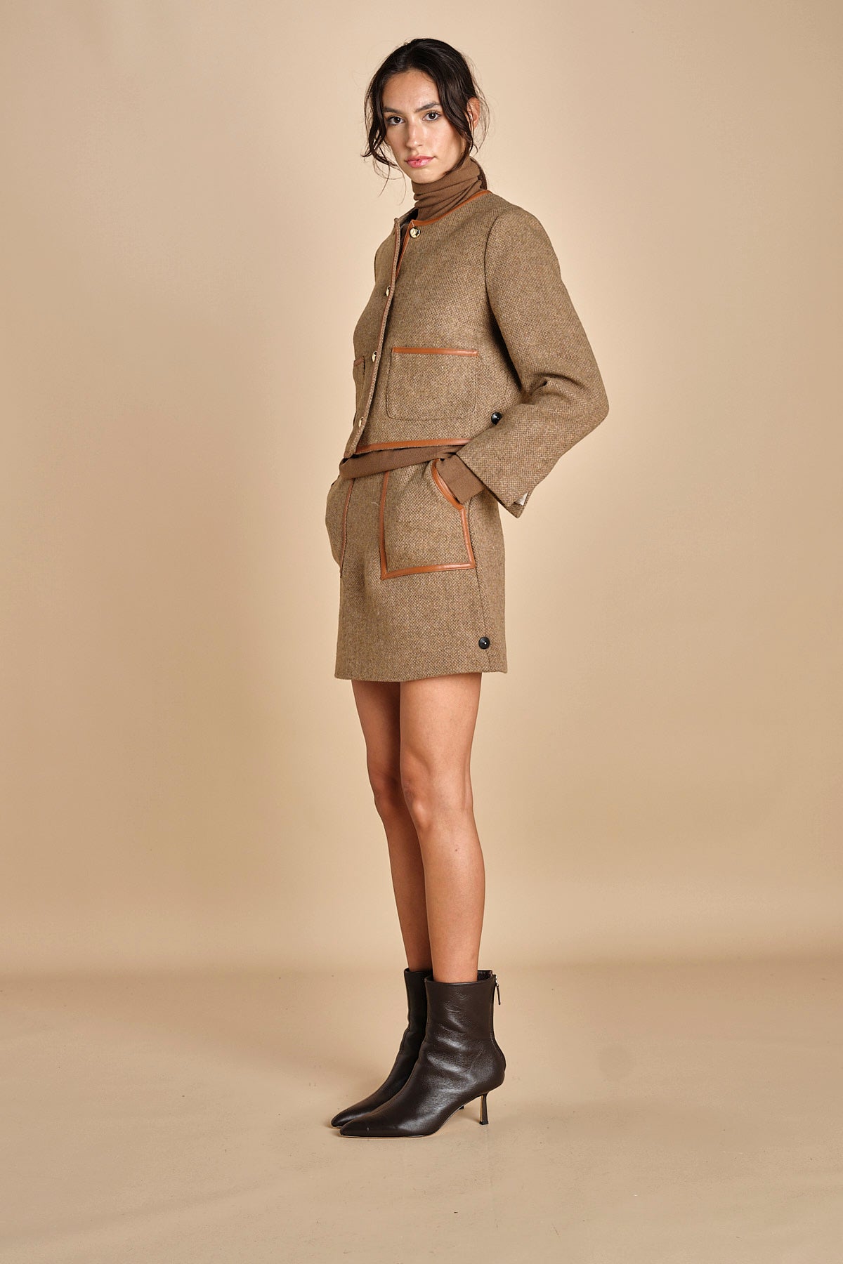 giacca in tweed cin bordo in pelle NINETTE TAUPE malina 