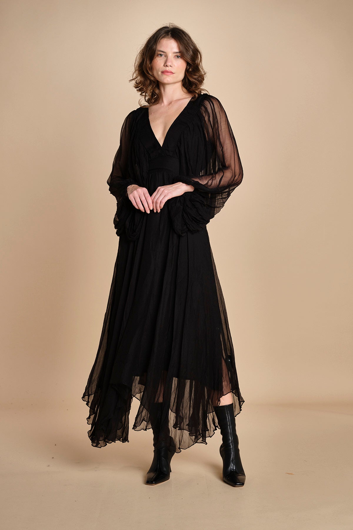 abito lungo con manica in voille DENISA BLACK mes demoiselles 