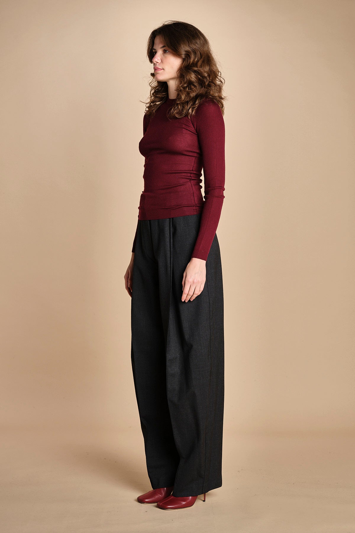girocollo a costine manica luna in lana merino LAU30 E14015 BORDEAUX milaura 