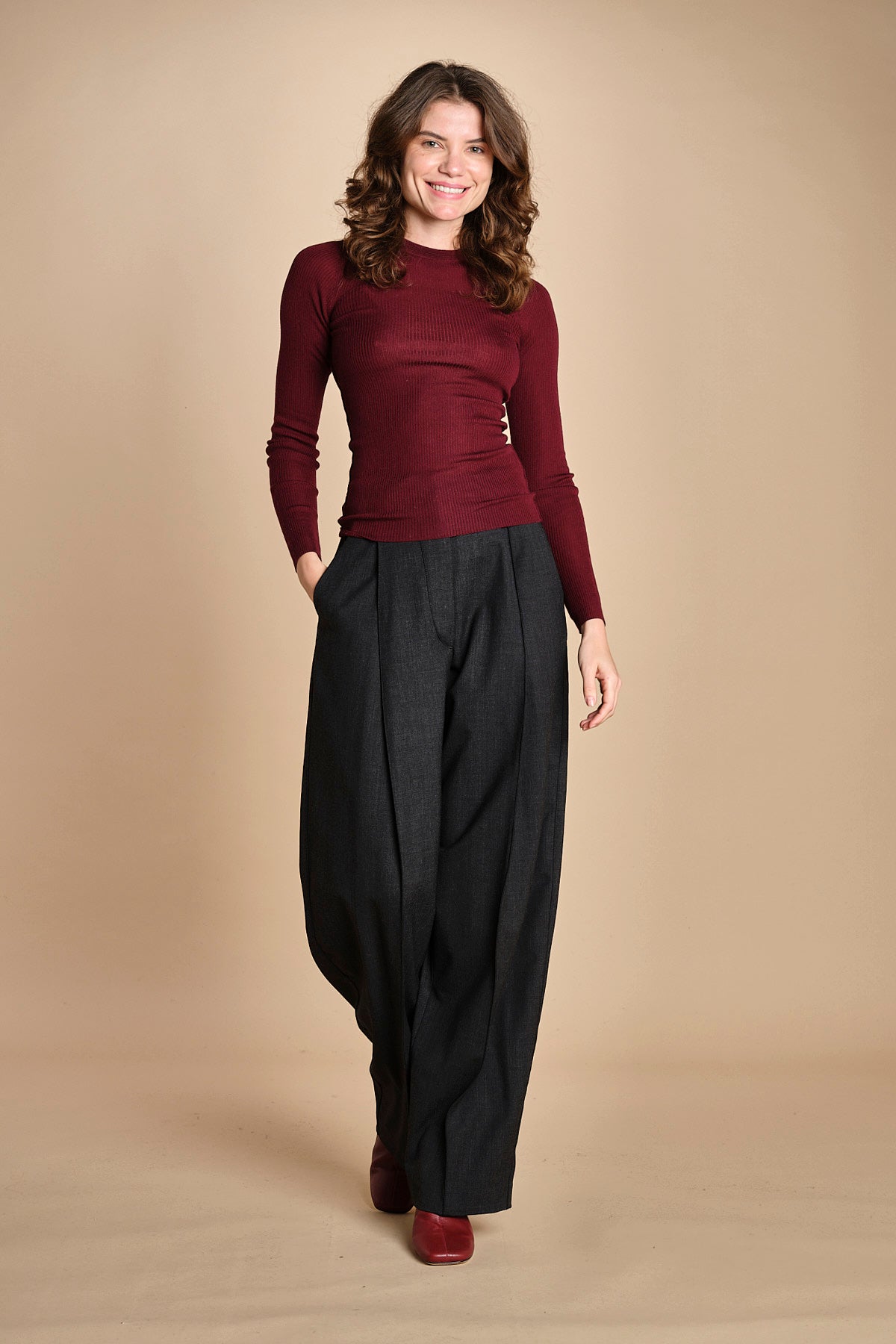 girocollo a costine manica luna in lana merino LAU30 E14015 BORDEAUX milaura 