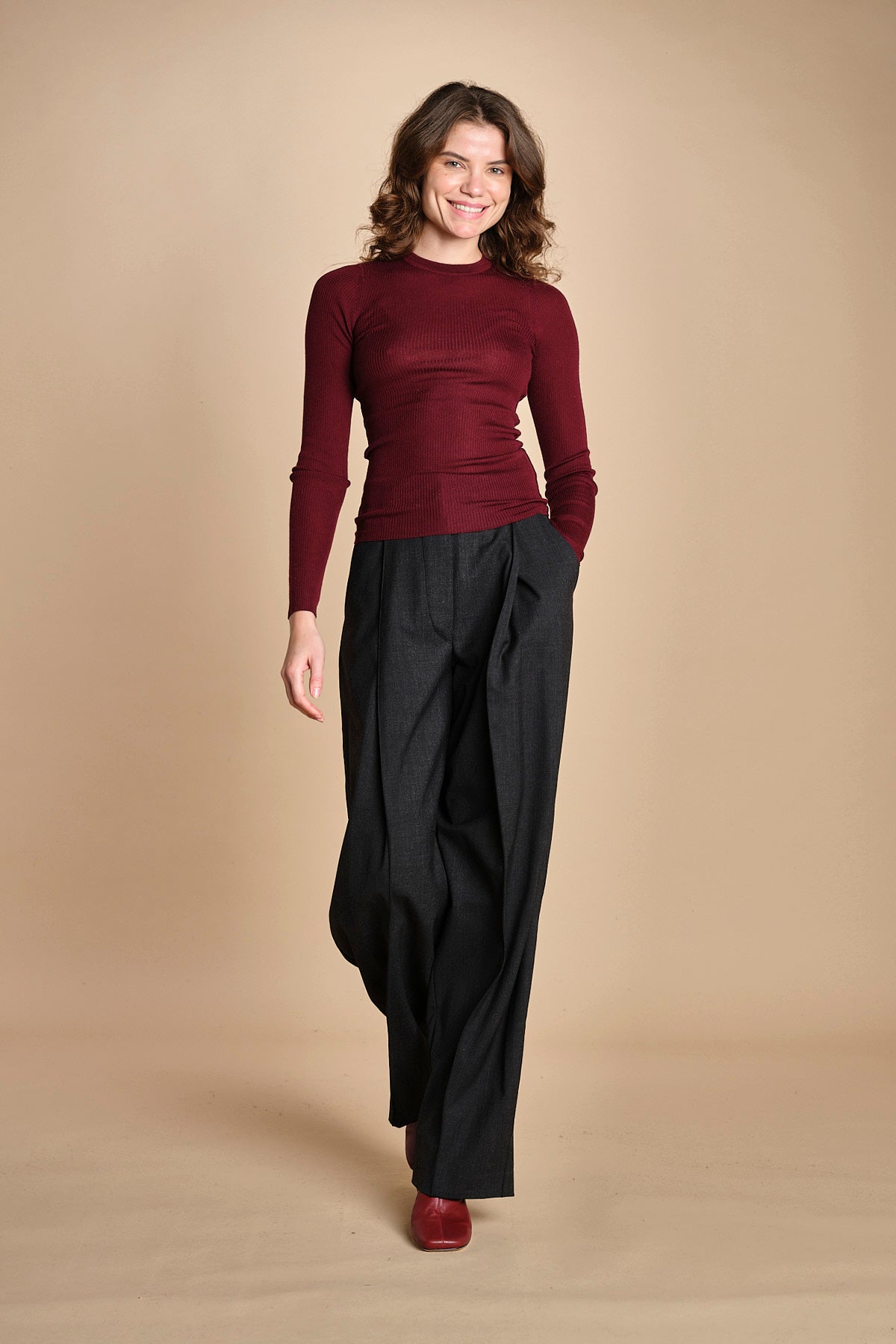 girocollo a costine manica luna in lana merino LAU30 E14015 BORDEAUX milaura 