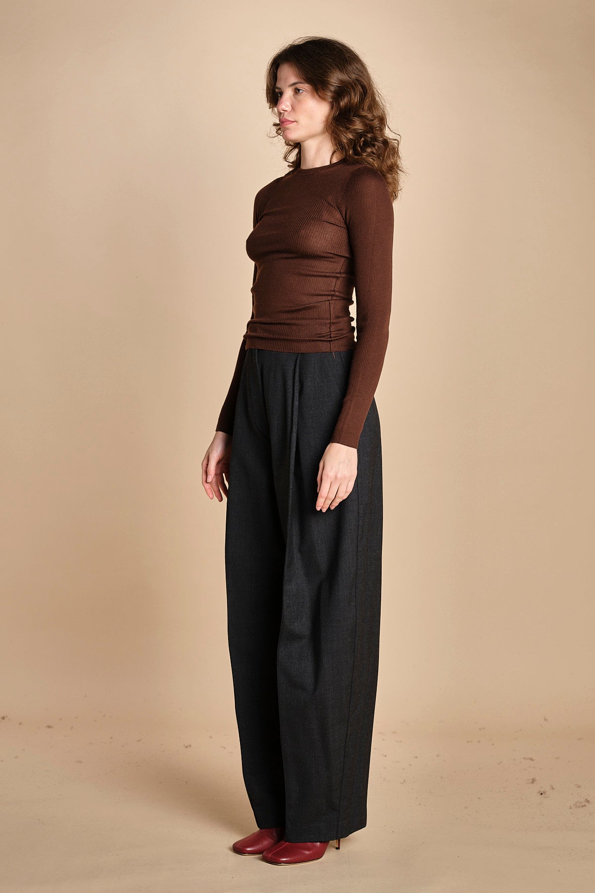 girocollo a costine manica luna in lana merino LAU30 E2220 CIOCCOLATO milaura 