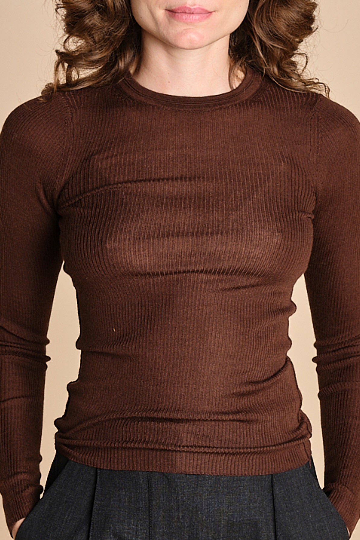 girocollo a costine manica luna in lana merino LAU30 E2220 CIOCCOLATO milaura 