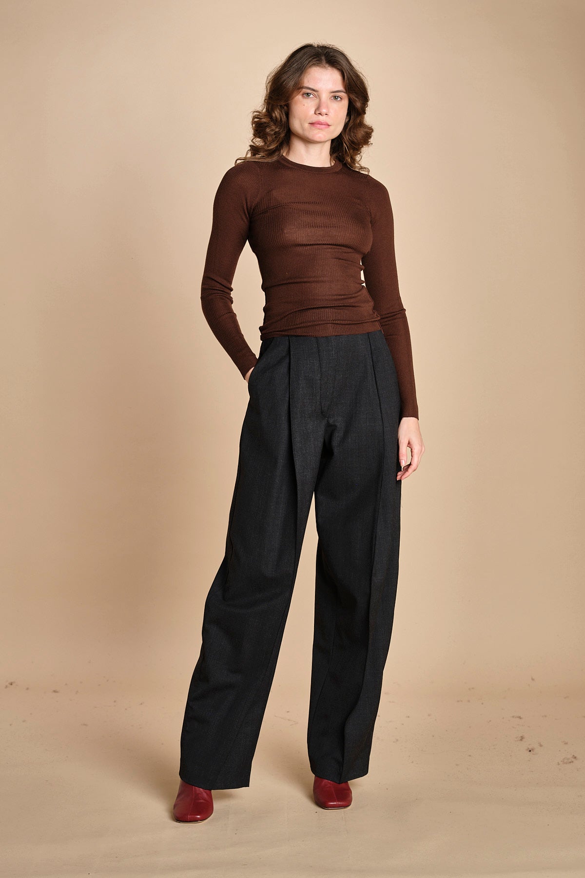 girocollo a costine manica luna in lana merino LAU30 E2220 CIOCCOLATO milaura 