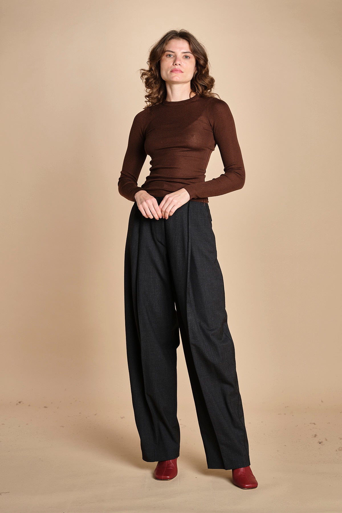 girocollo a costine manica luna in lana merino LAU30 E2220 CIOCCOLATO milaura 