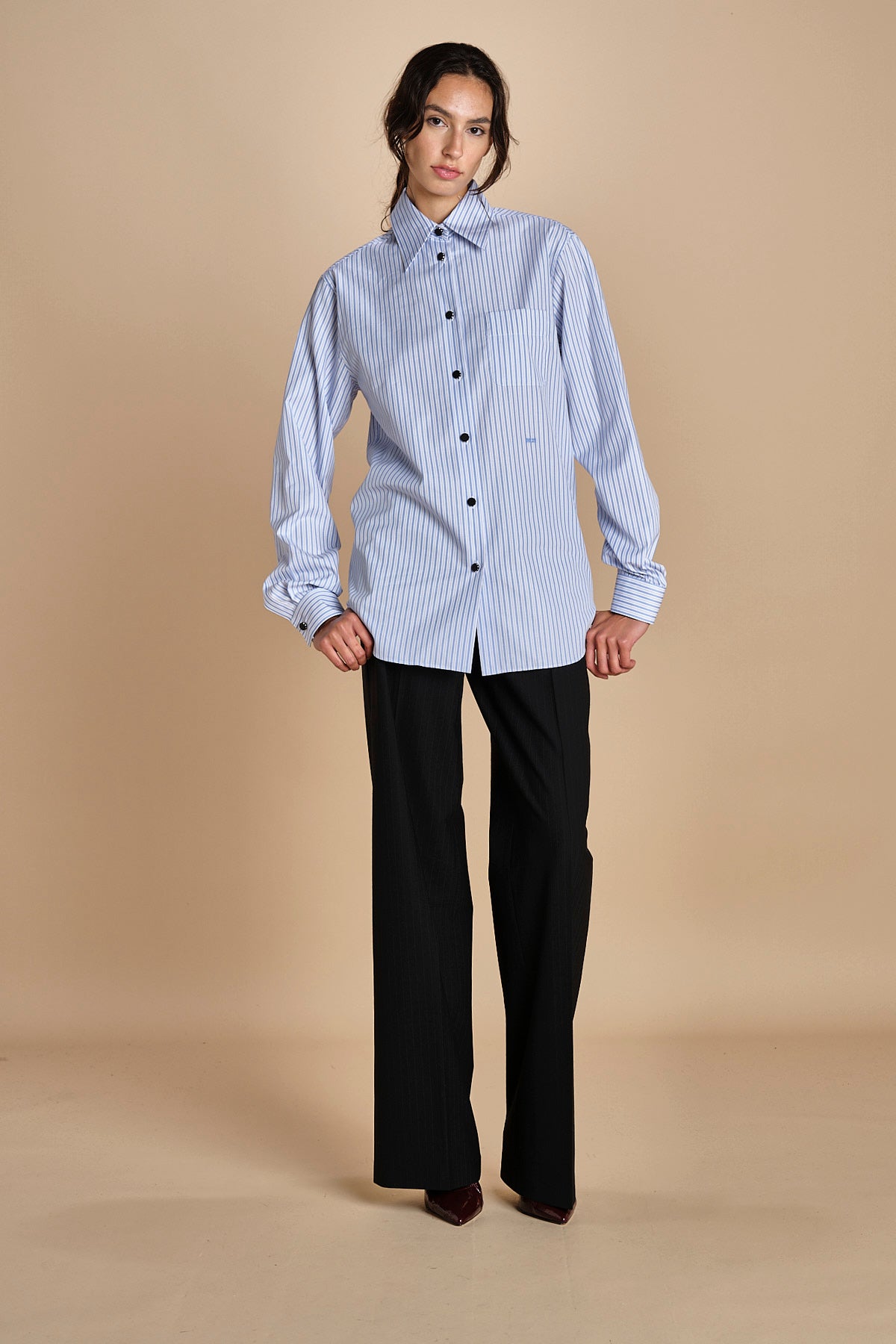 camicia di cotone a righe G022-1519-R1D1 AZZURRO n21 